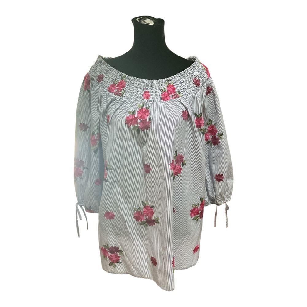 Spense Women XL Blue White Striped Floral Embroidered Off Shoulder Blouse Top